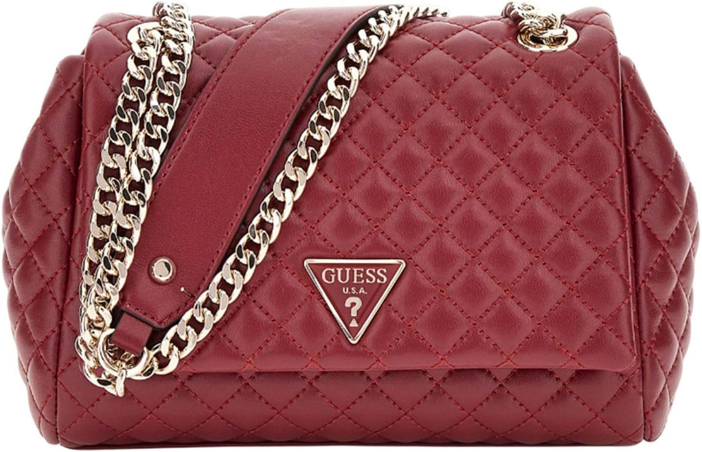 Guess Rianee convertible crossbody bag in burgundy with quilted design and chain strap