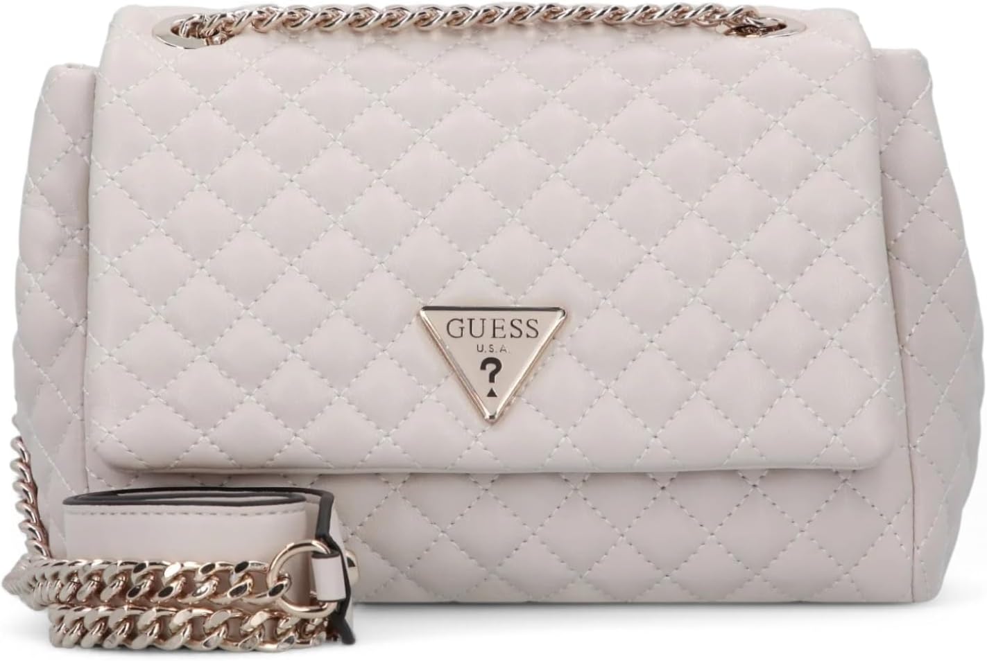 Guess Rianee convertible crossbody bag in soft pink with quilted design and chain strap