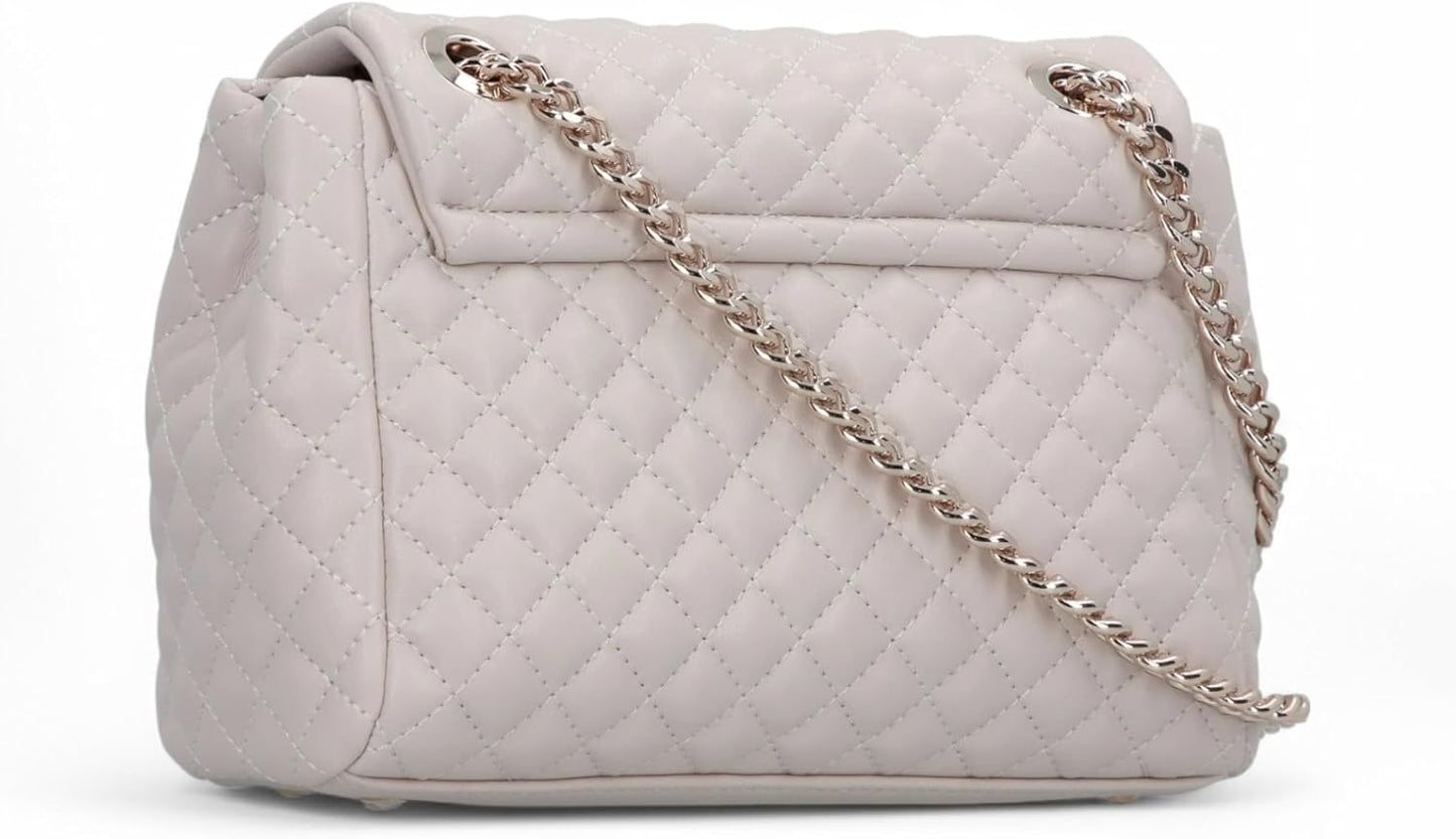 Guess Rianee convertible crossbody bag in quilted beige with silver chain strap for stylish versatility