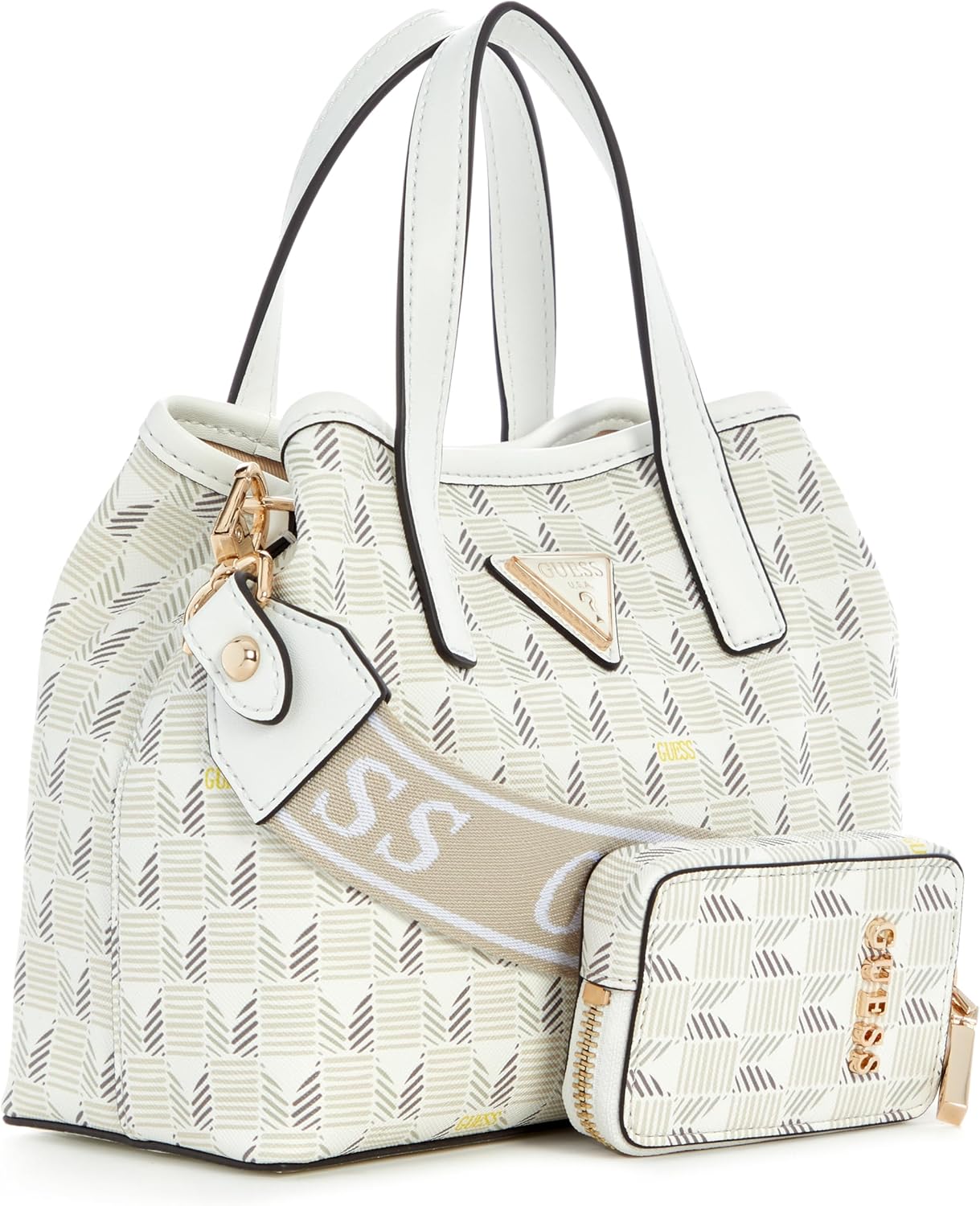 GUESS Wave Mini Tote Stone in stylish design with matching detachable pouch and dual handles