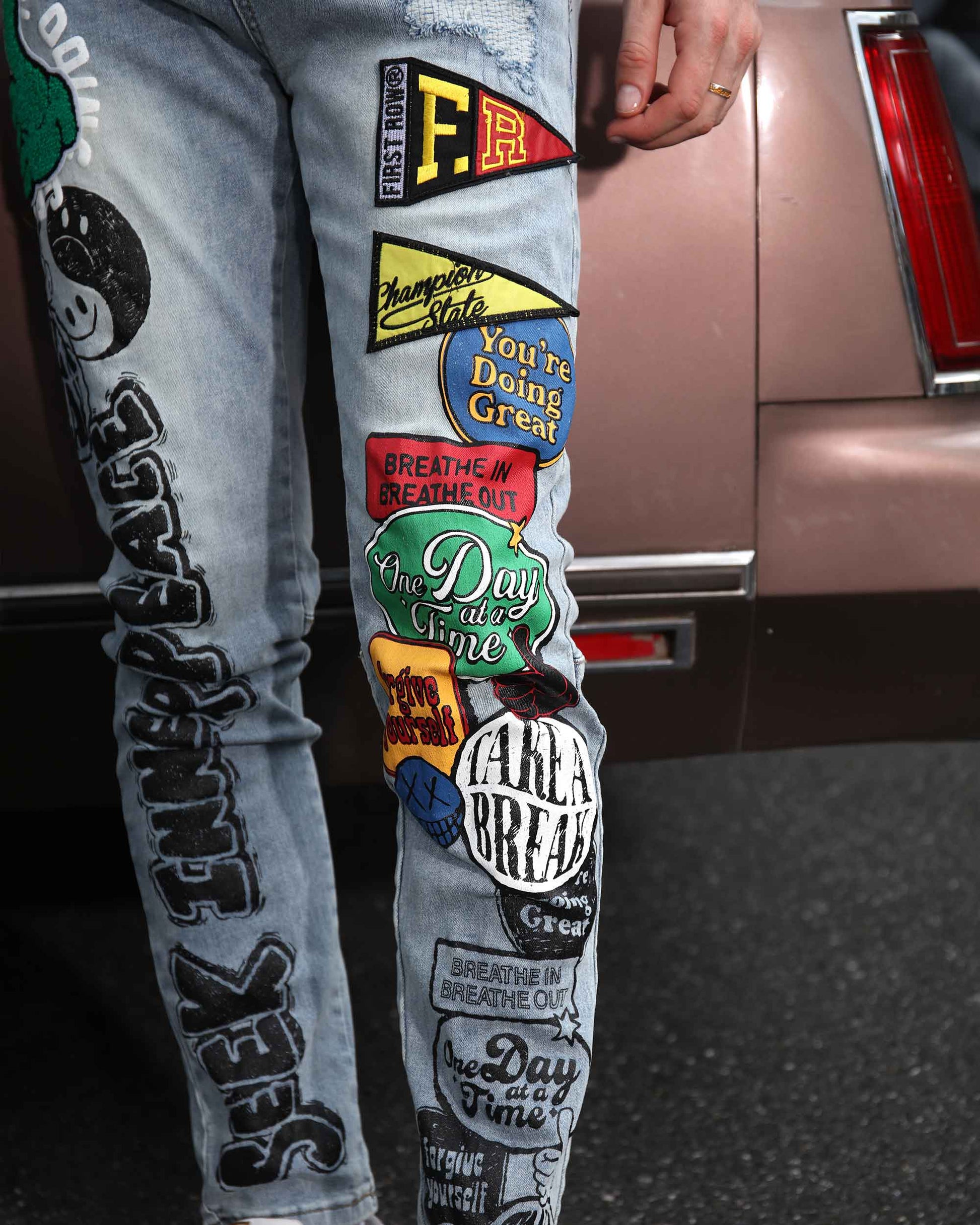 Logeqi Hip Hop Slim Fit Jeans with Colorful Patches and Unique Graphic Designs