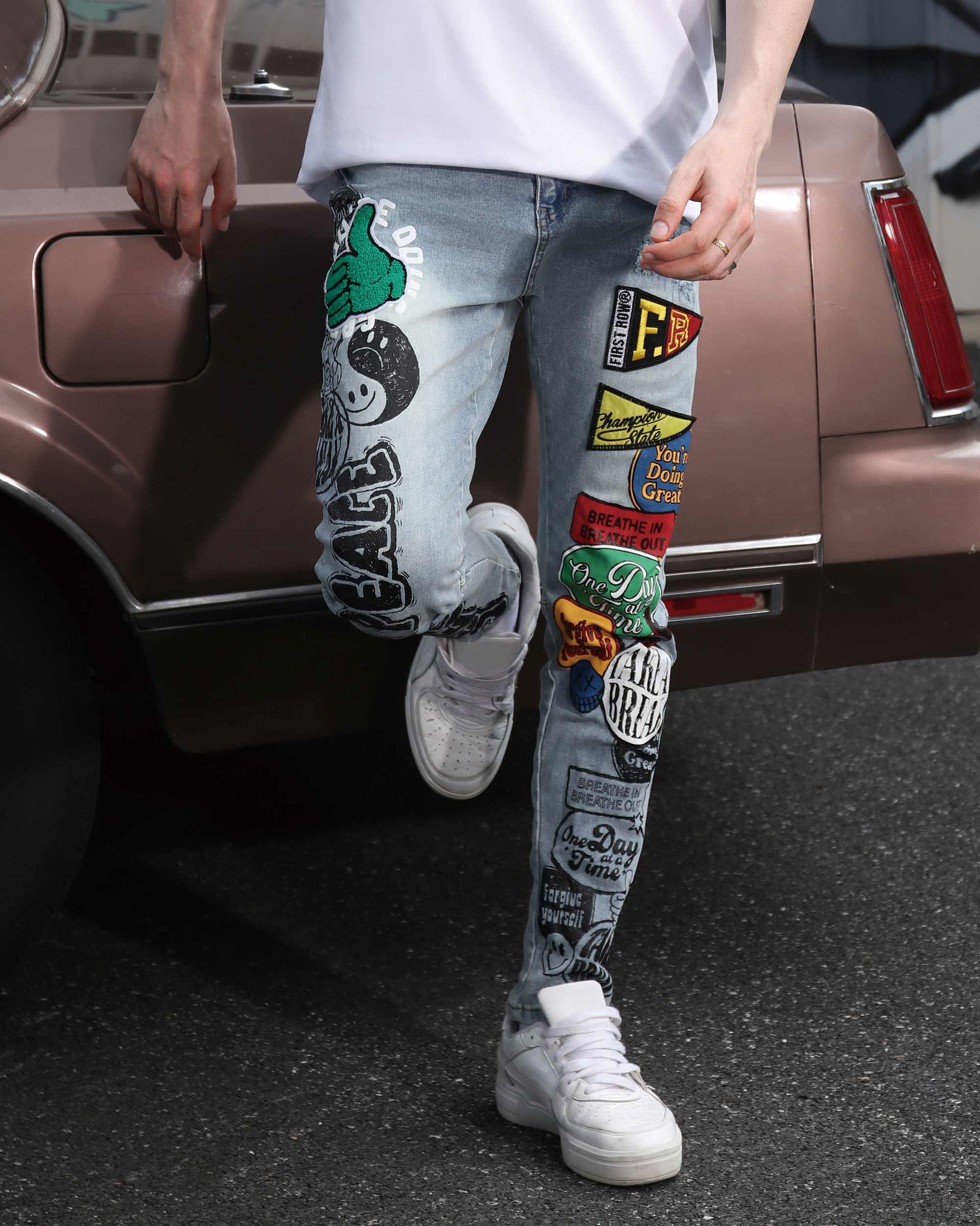 Logeqi Hip Hop Slim Fit Jeans with Colorful Patches and Vintage Style for Trendy Outfits