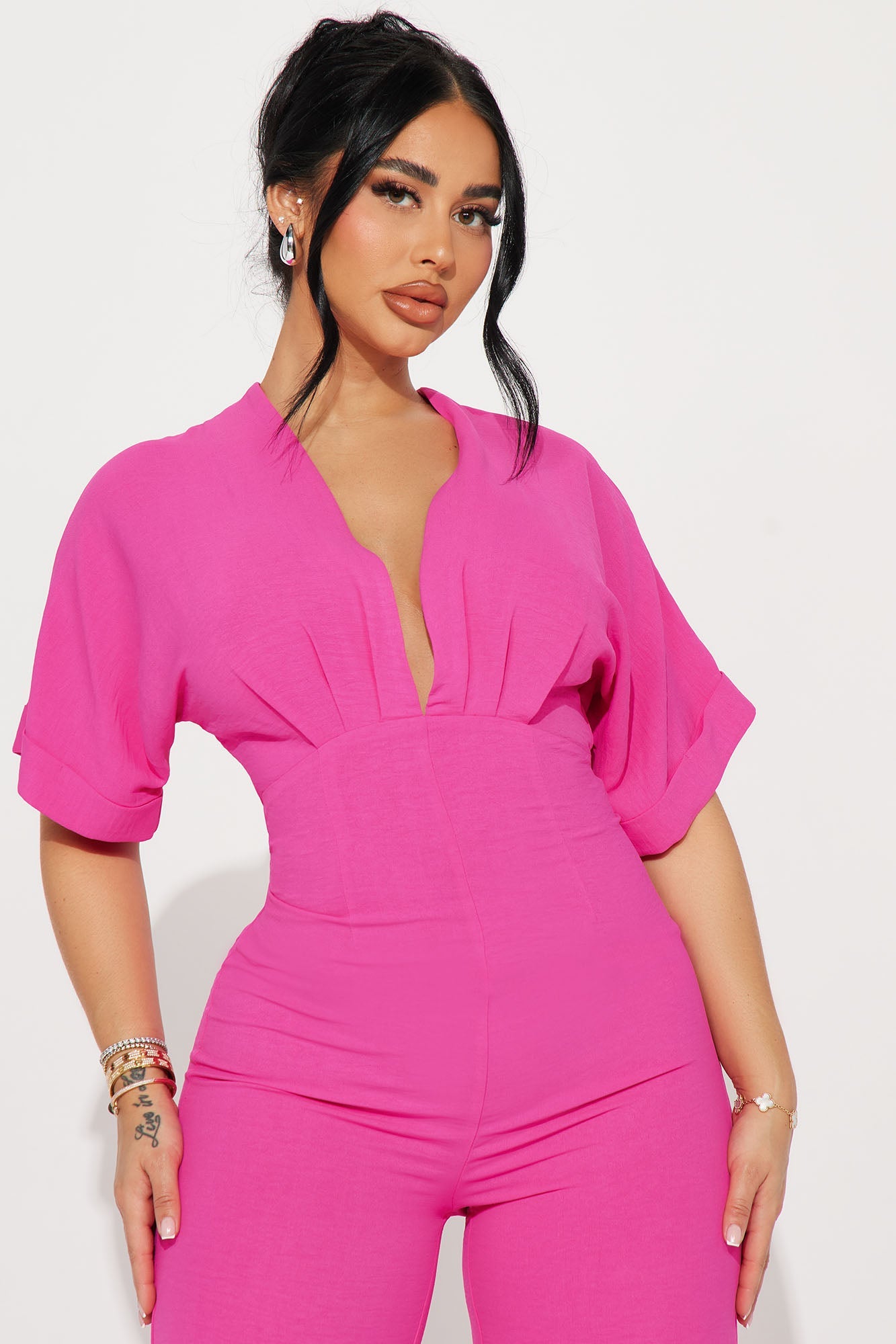 Fashion Nova hot pink jumpsuit for women with short sleeves and a stylish neckline