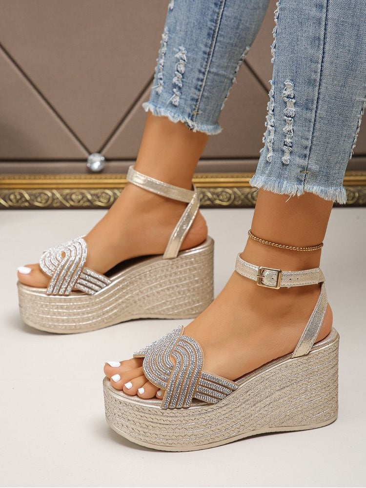 Wholesale7 hotfix rhinestone sandals with ankle strap and wedge heel in beige color
