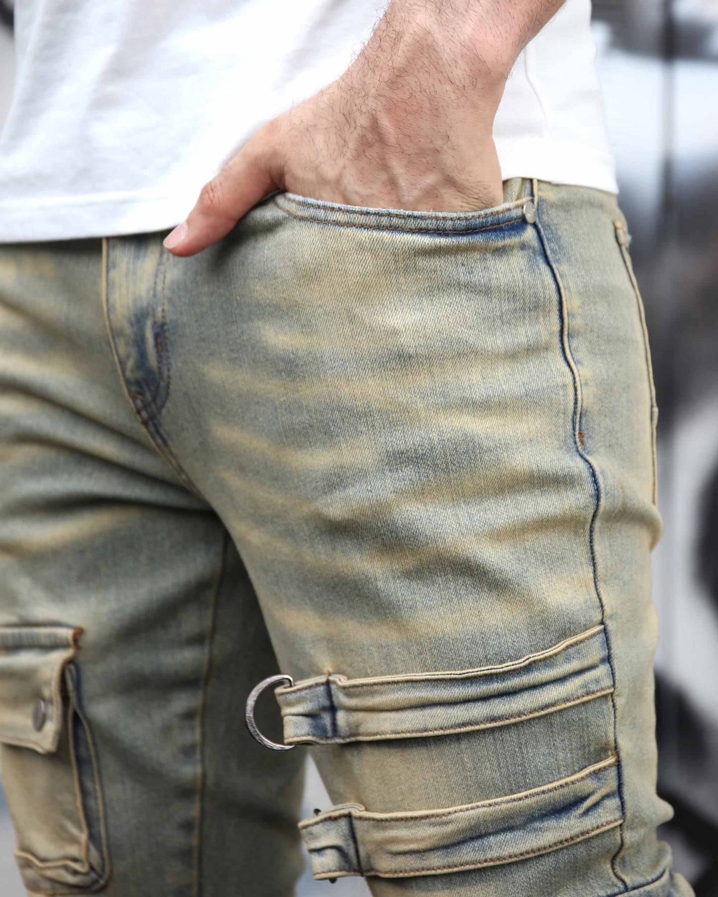 Logeqi industrial style cargo jeans with distressed detailing and functional pockets