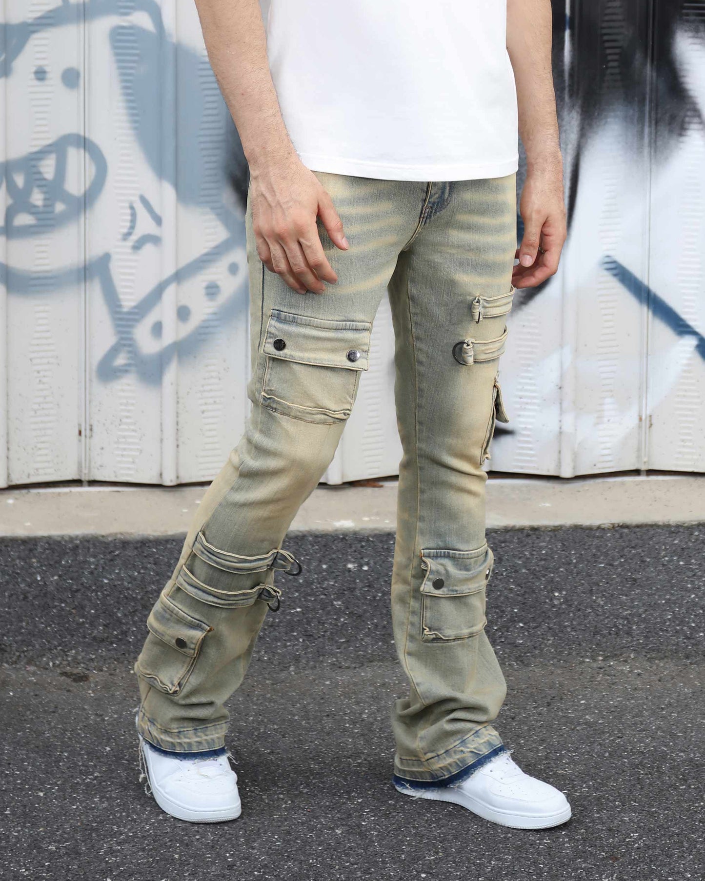 Logeqi industrial style cargo jeans with multiple pockets and a faded wash for a trendy urban look
