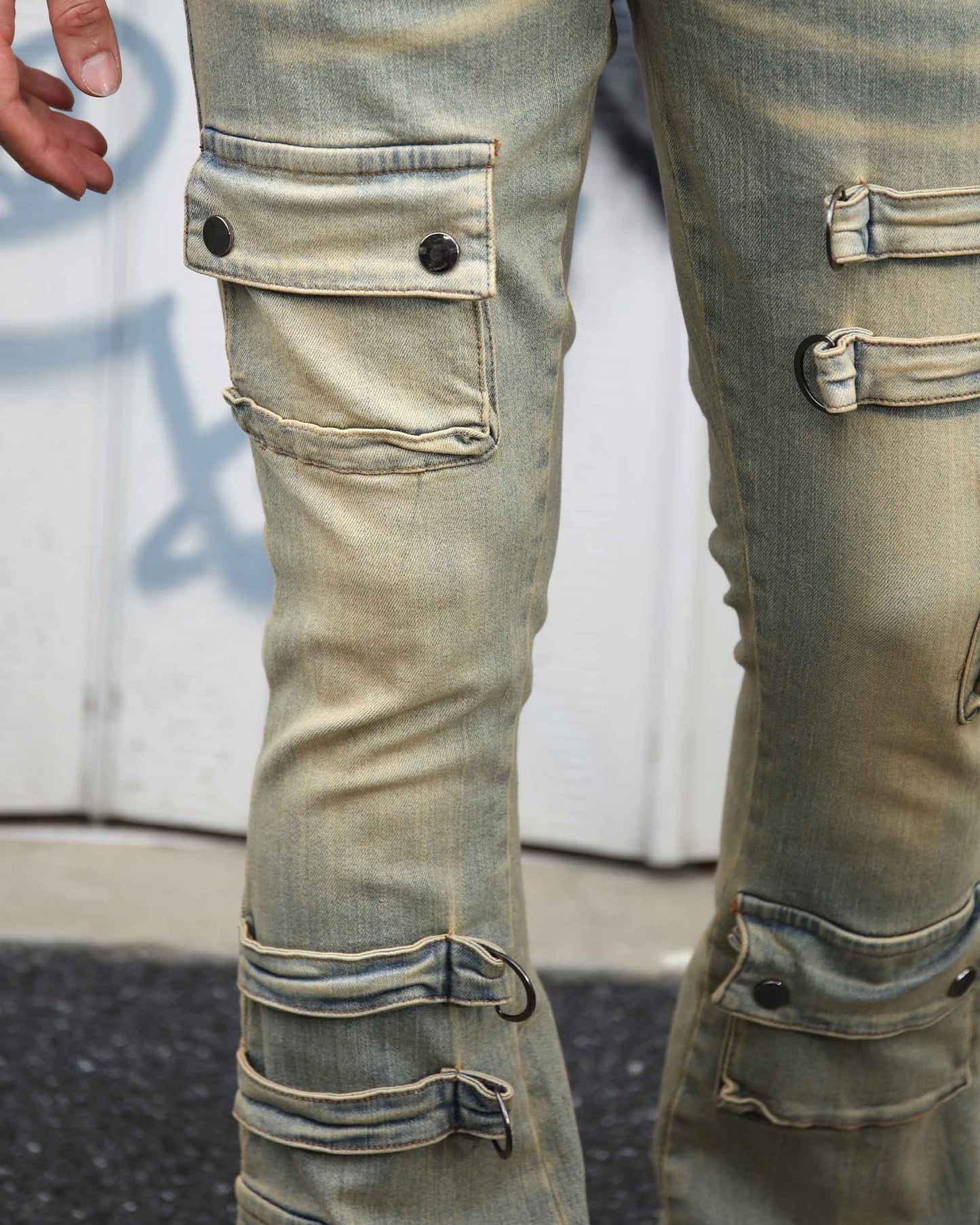 Logeqi industrial style cargo jeans featuring unique pocket detailing and a distressed look