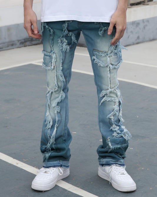 Logeqi irregular blue stacked jeans with distressed details and a trendy fit for casual wear