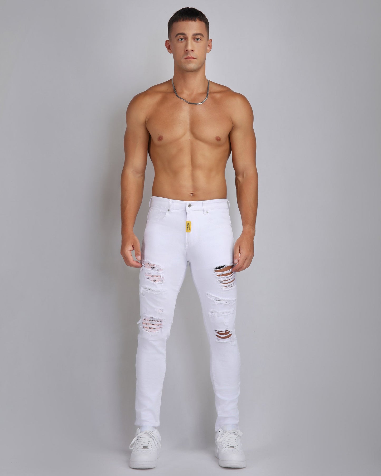 Logeqi Irregular ripped white jeans for a trendy and stylish casual look