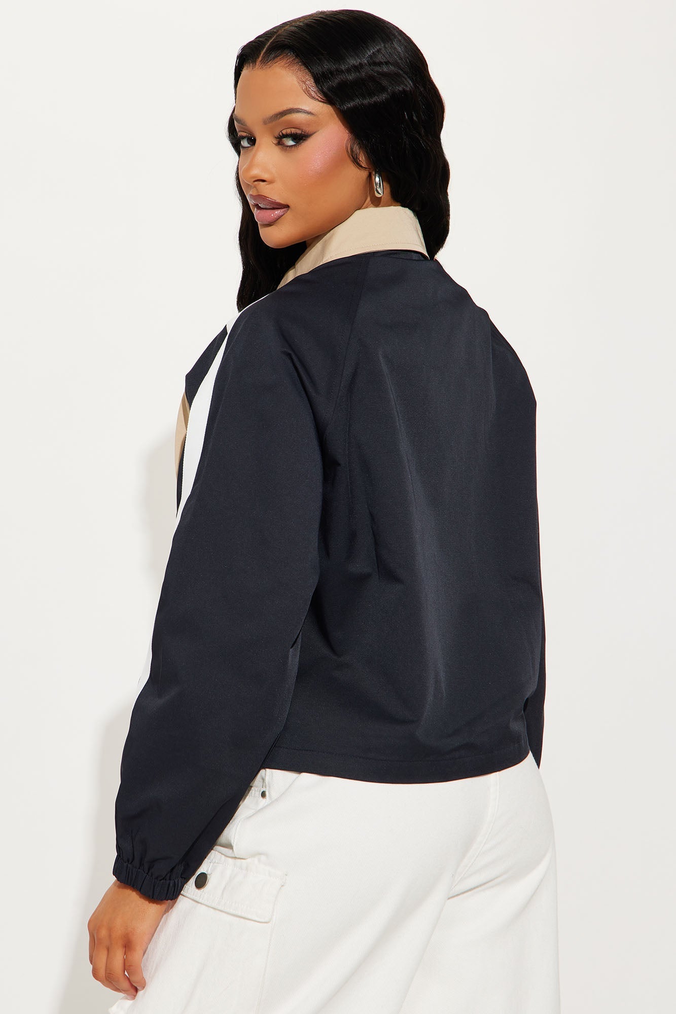 Khaki colorblock jacket for women featuring stylish design and relaxed fit, perfect for casual wear.