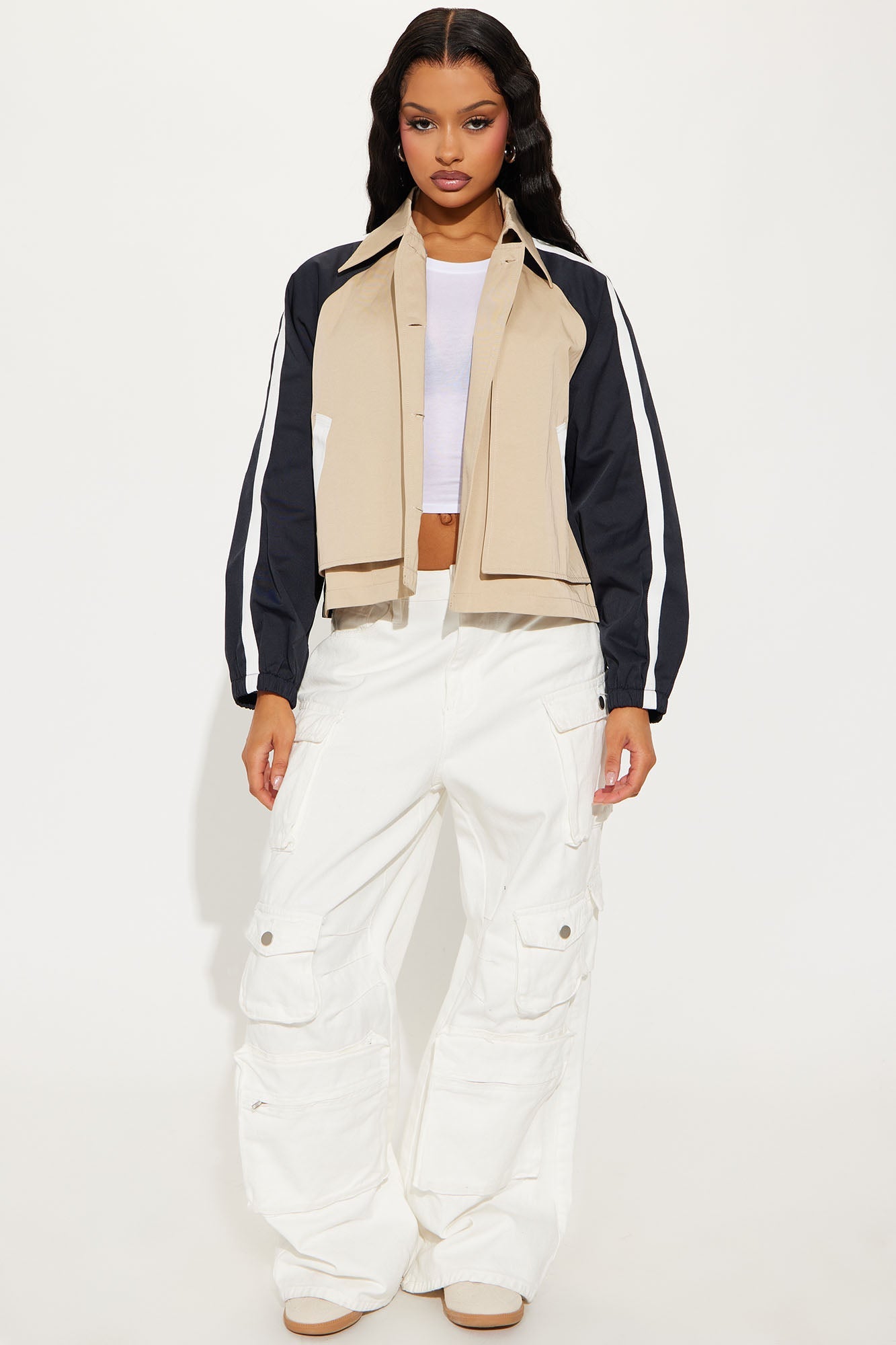 Stylish khaki colorblock jacket for women with navy accents and cropped design for trendy outfits