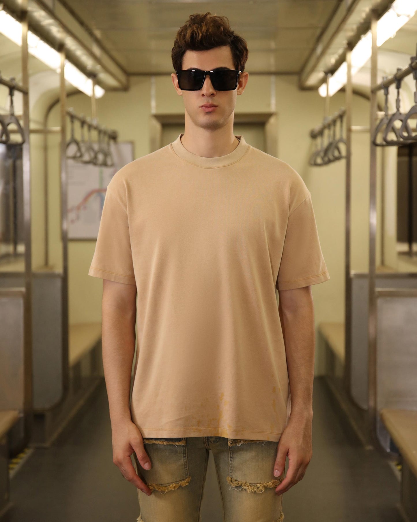 Logeqi khaki crew neck t-shirt designed for a relaxed fit and casual style