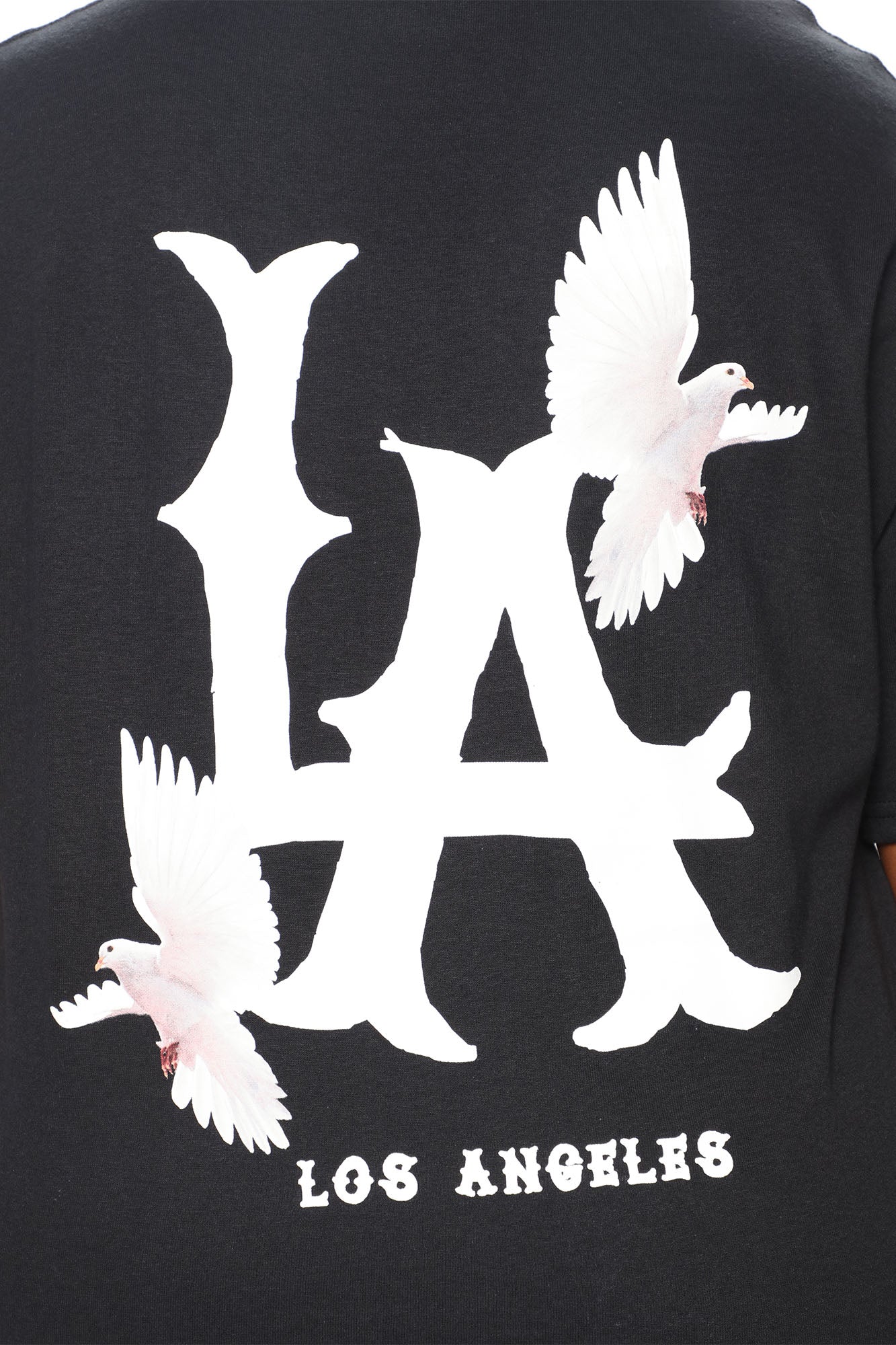 LA City black graphic tee featuring a bold design with birds and the text Los Angeles