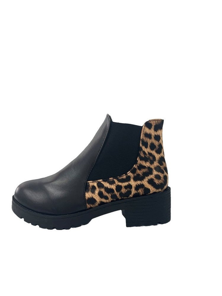 Leopard print chunky heel boots with black leather front and elastic side panels