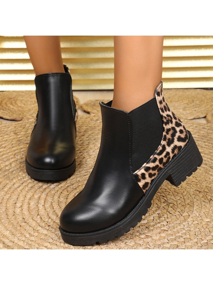 Wholesale7 leopard print chunky heel boots with black front and leopard pattern back panel