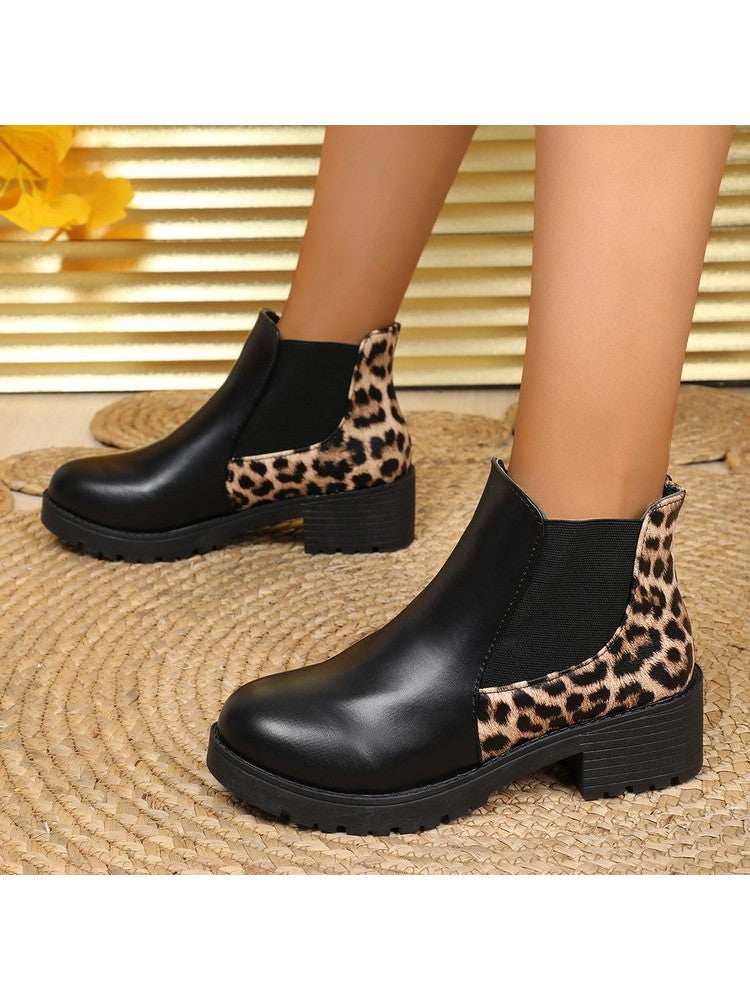 Wholesale7 leopard print chunky heel boots with black leather front and leopard print back detail