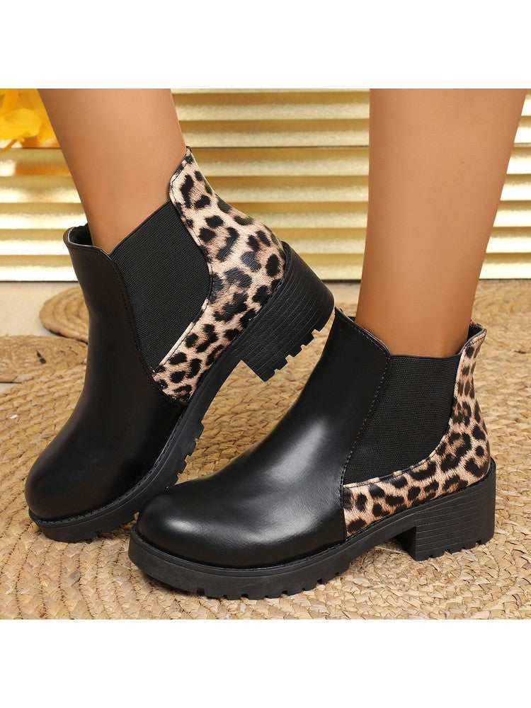 Wholesale7 leopard print chunky heel boots with black leather front and leopard pattern back
