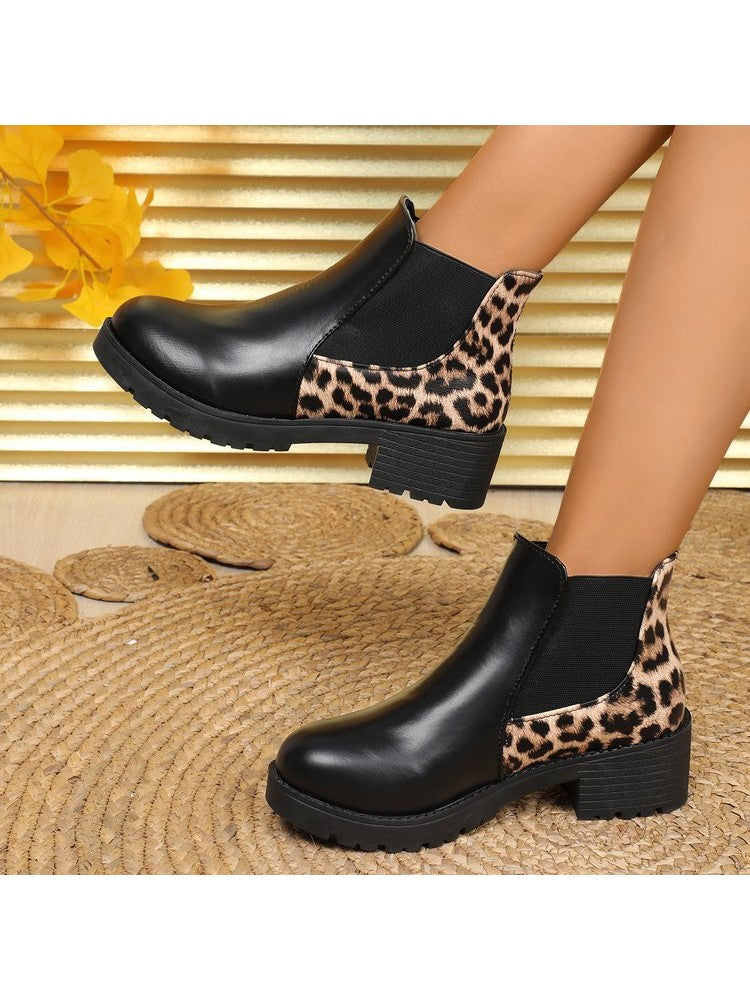 Wholesale7 leopard print chunky heel boots with black leather front and elastic sides