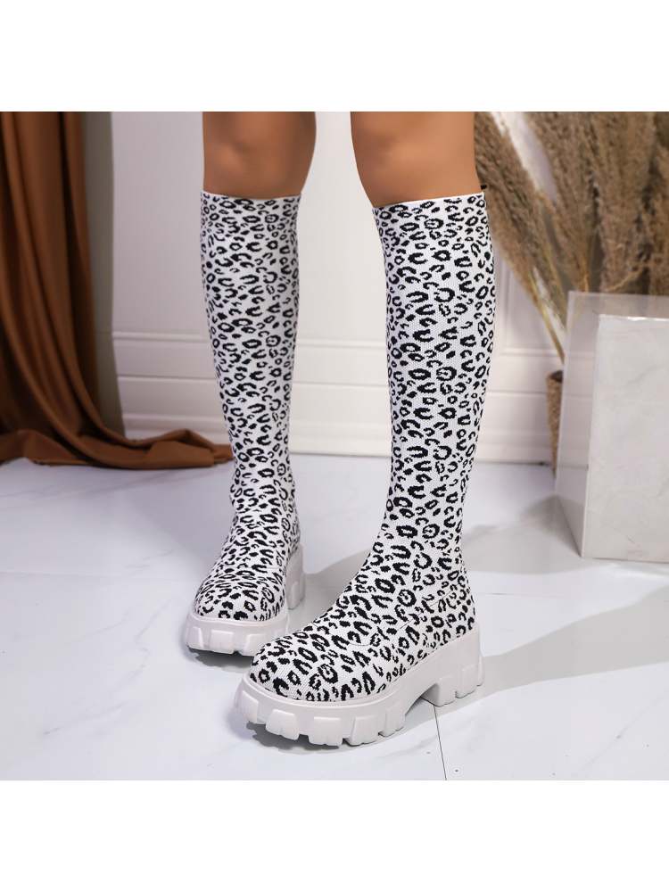 Leopard print chunky heel boots in white with stylish knee-high design for trendy outfits