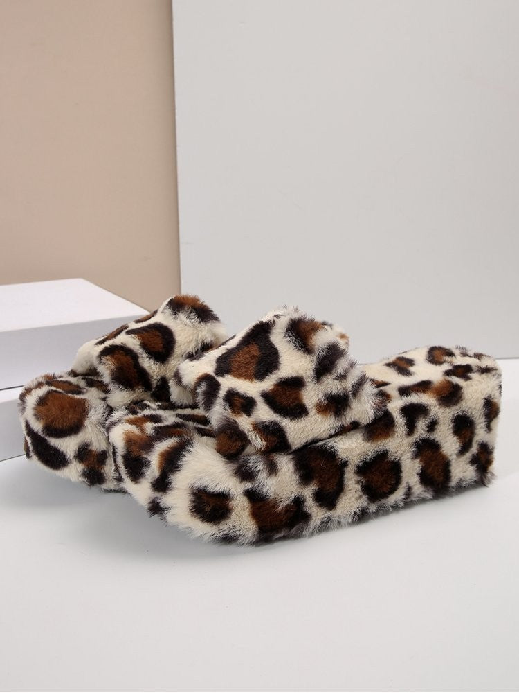 Wholesale7 leopard print fuzzy slippers with soft plush material and open toe design