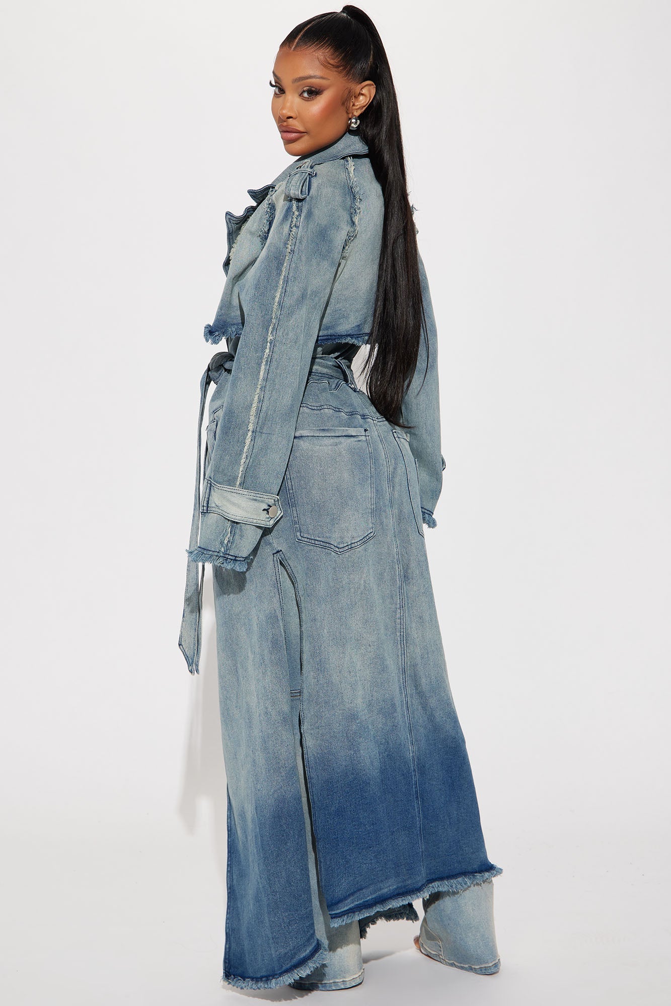 Fashion Nova light wash denim coat women with a stylish belted design and frayed hem