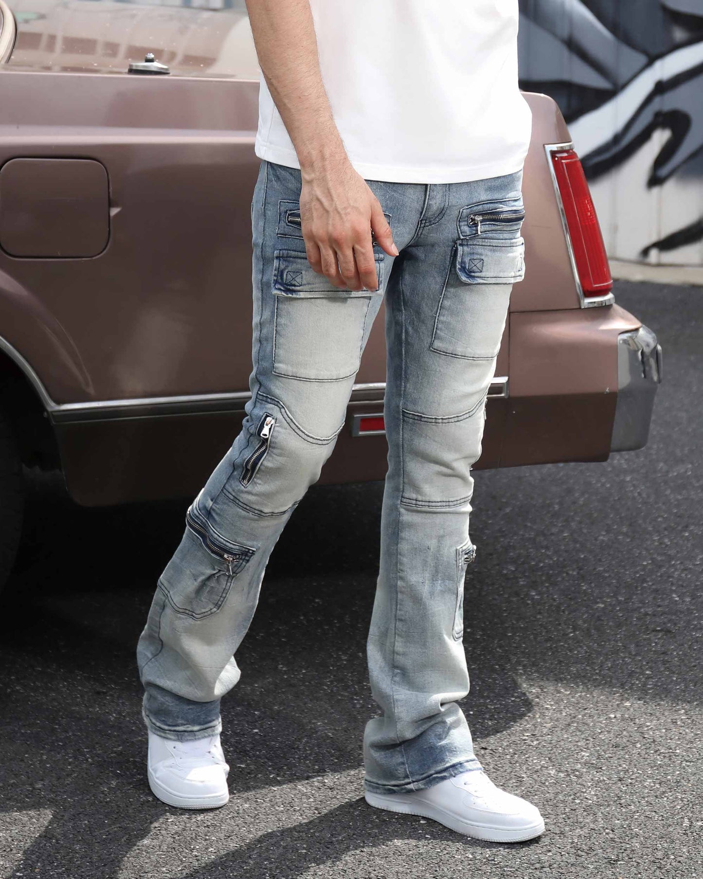 Logeqi light wash distressed cargo jeans with multiple pockets and a stylish design for casual wear