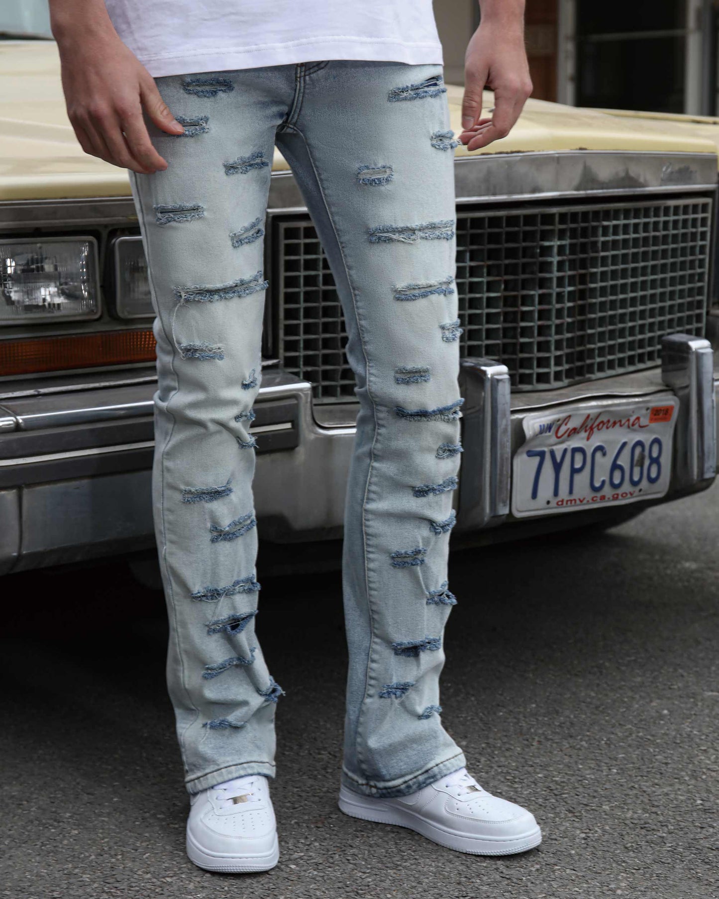 Logeqi light wash flared jeans with distressed detailing for a trendy casual look