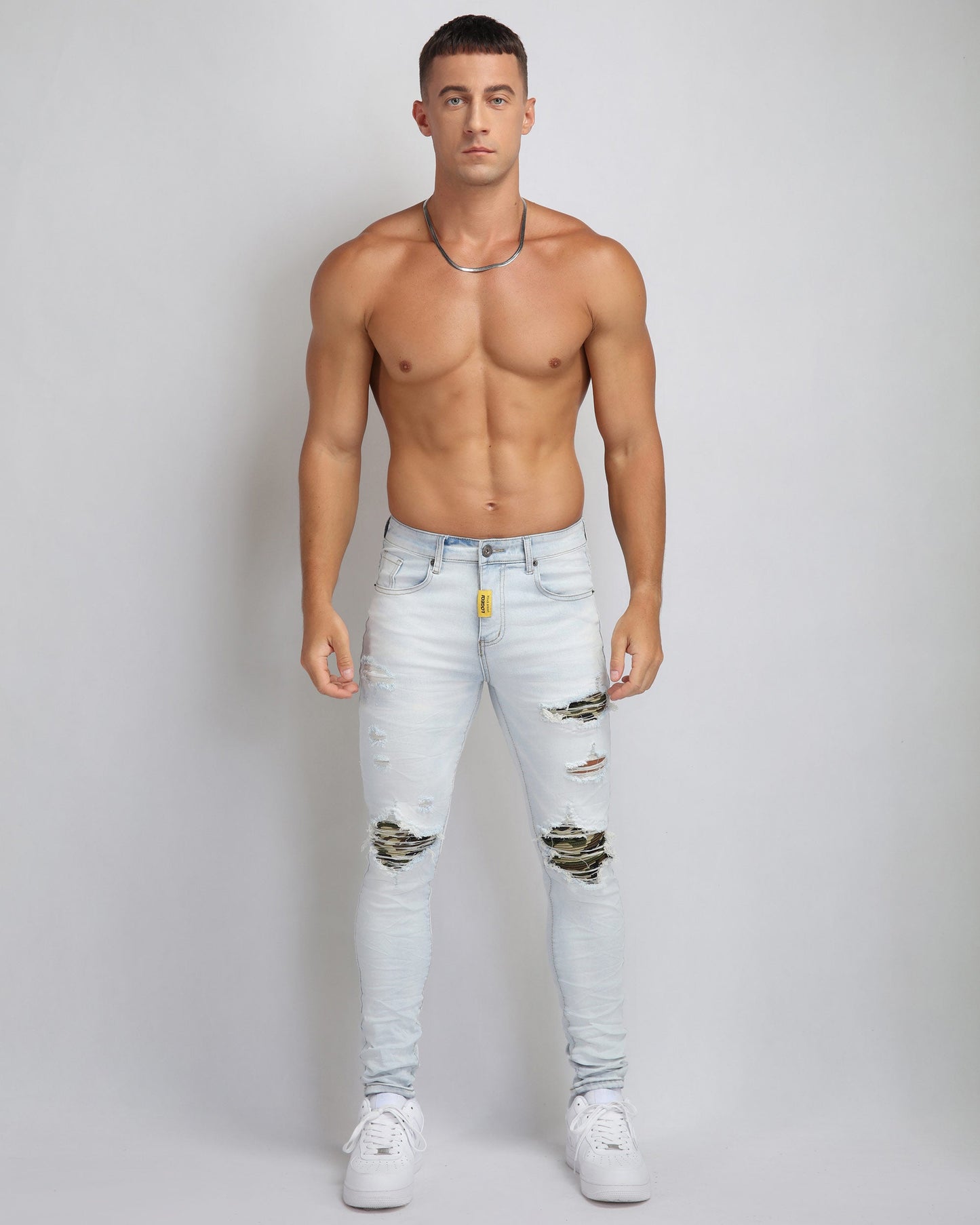 Logeqi light wash ripped jeans for men with stylish distressed detailing and slim fit
