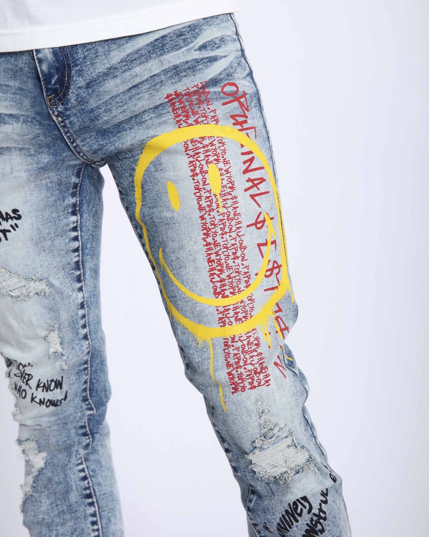 Logeqi light wash ripped jeans featuring graffiti designs and distressed details for a trendy look