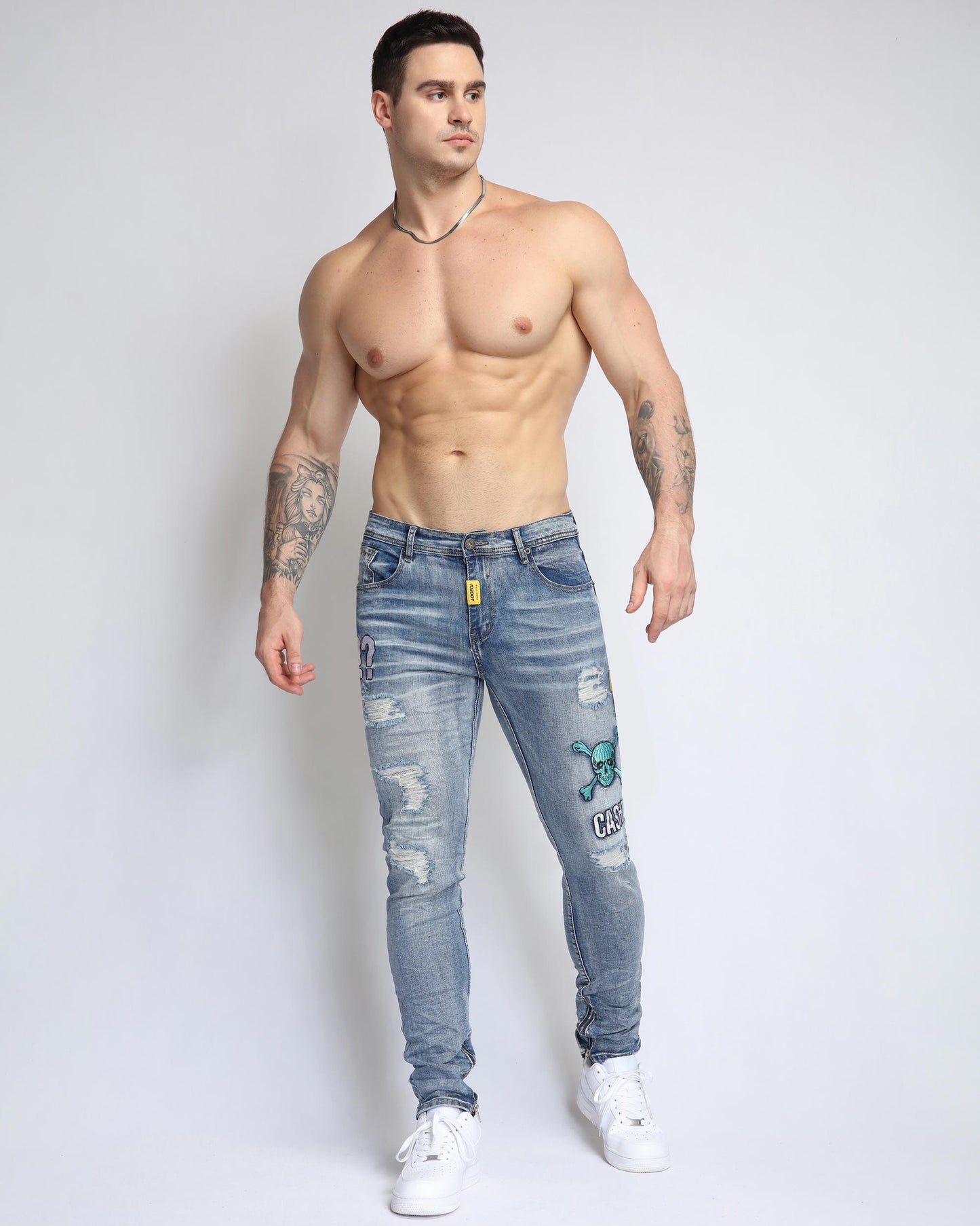 Logeqi light wash ripped jeans featuring unique designs and a stylish fit for casual wear