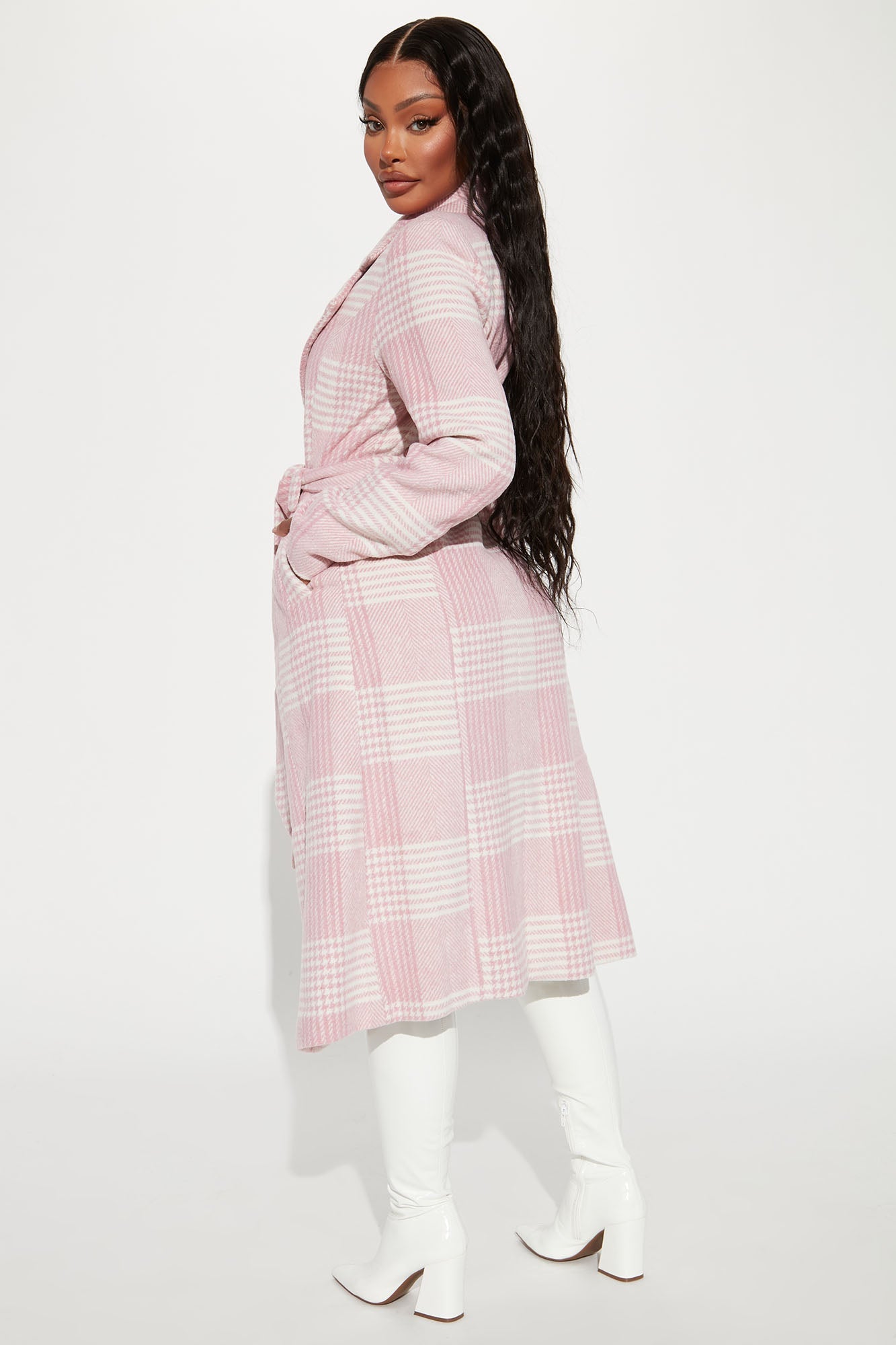 Women wearing a mauve plaid coat for women with a belted waist and stylish long sleeves