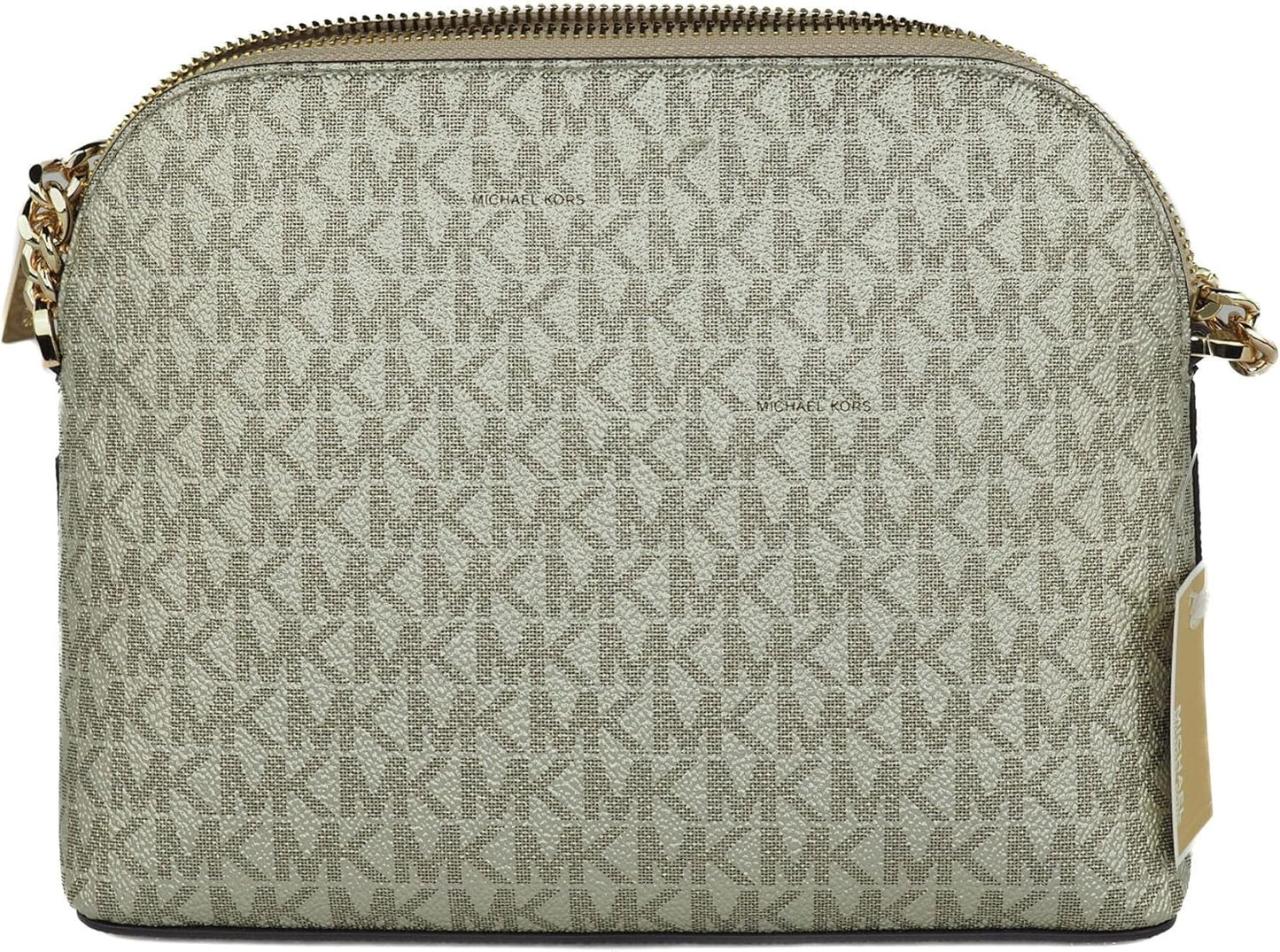 Michael Kors crossbody leather handbag with gold-tone accents and signature logo pattern