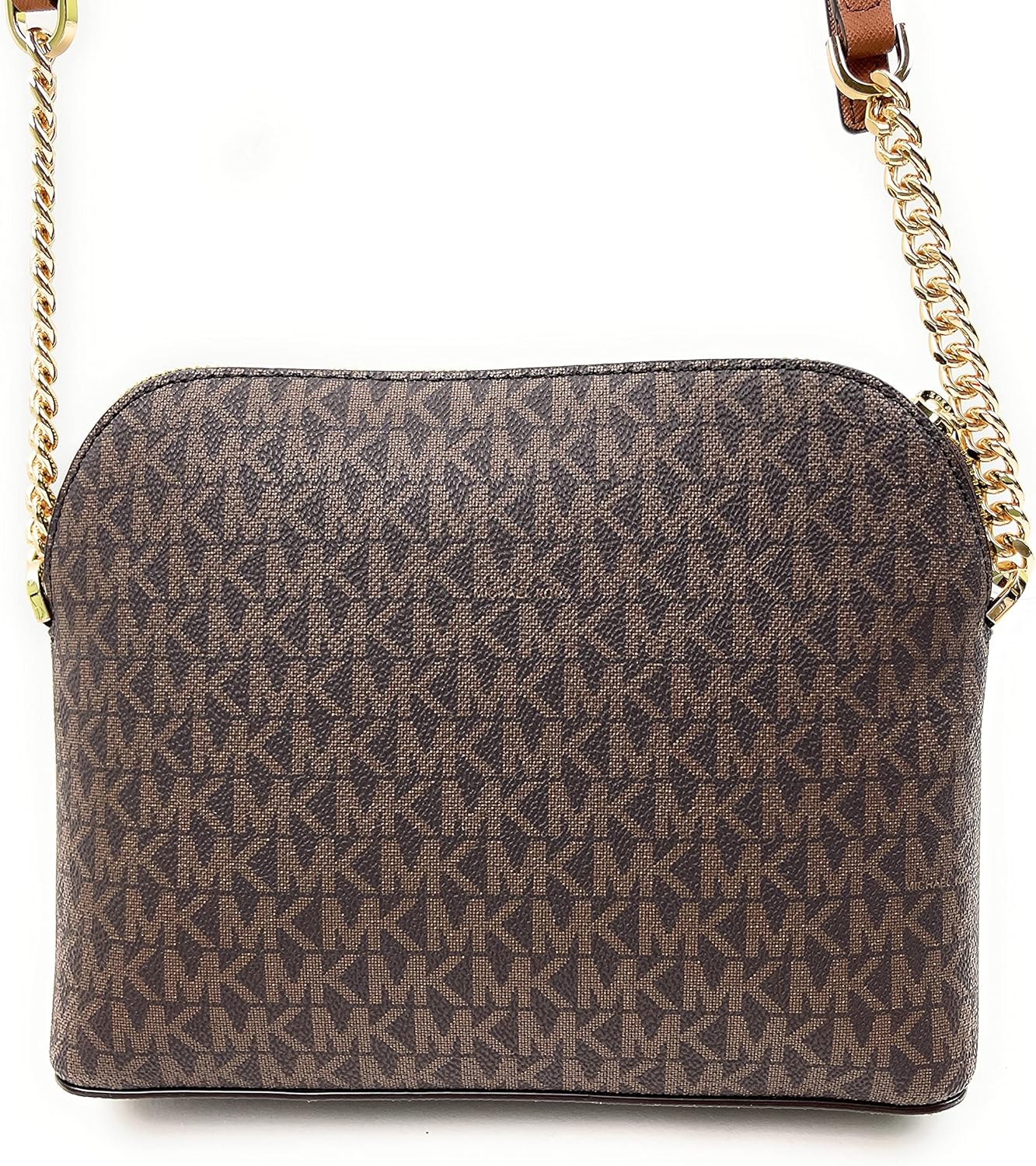 Michael Kors crossbody leather handbag in brown with signature logo pattern and a gold chain strap