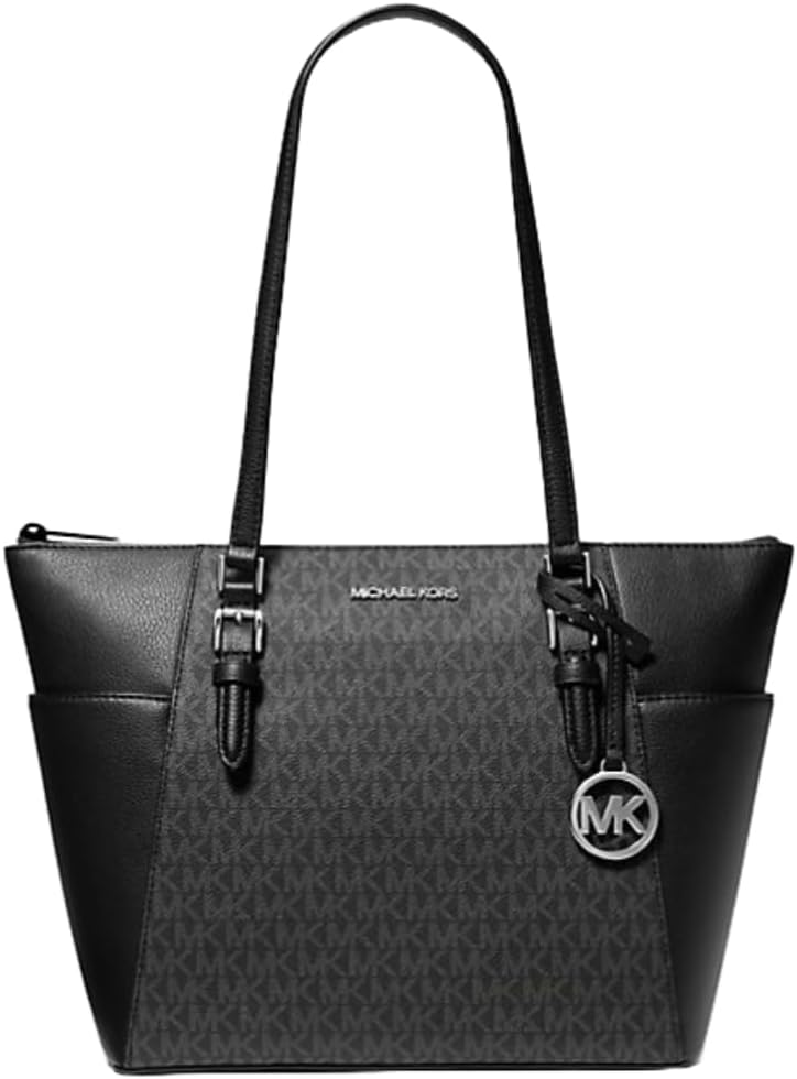 Modan Online black Michael Kors Charlotte Saffiano leather handbag. tote with MK charm and long straps