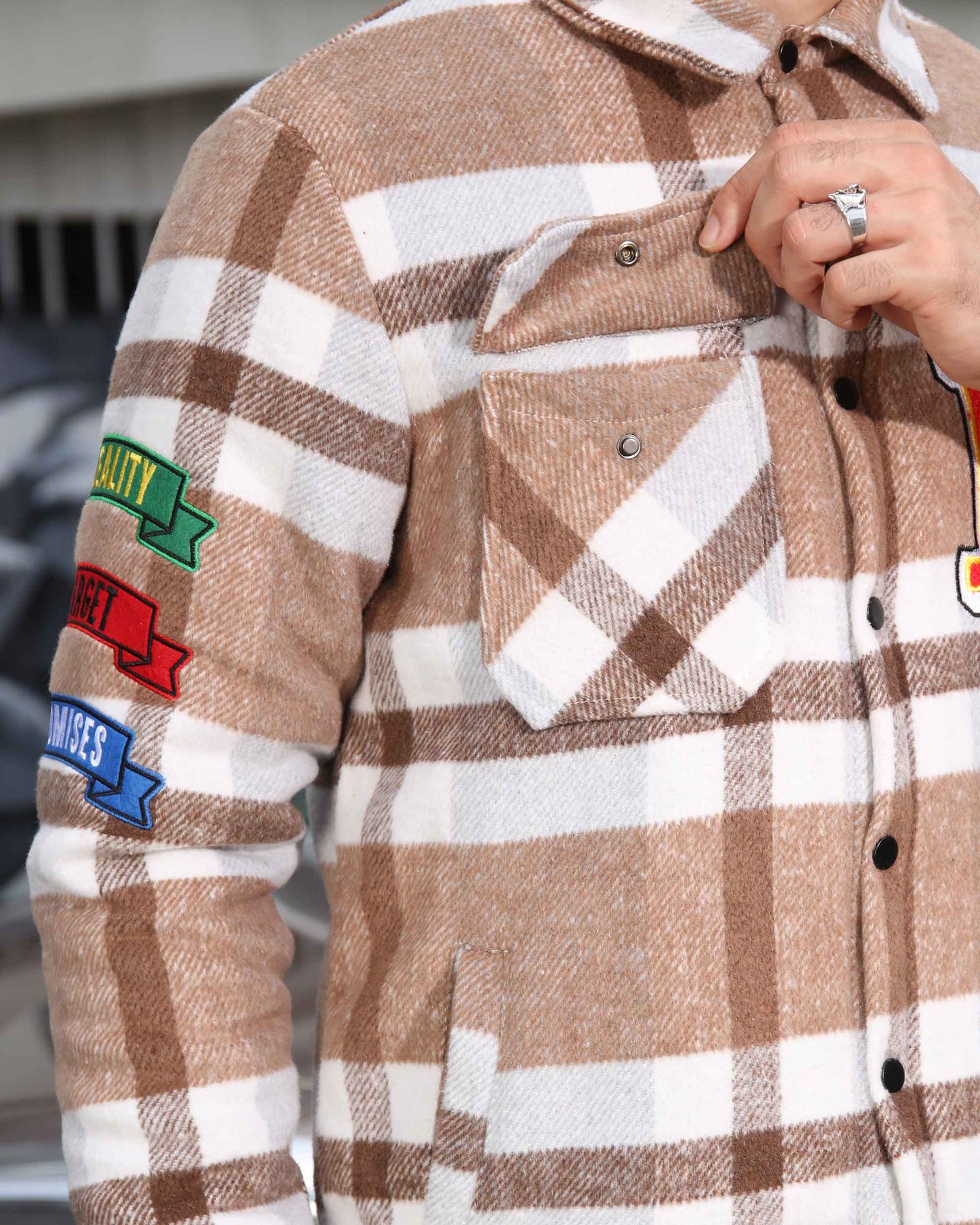 Logeqi modern plaid moto jacket in brown and white with patch details and snap button chest pocket