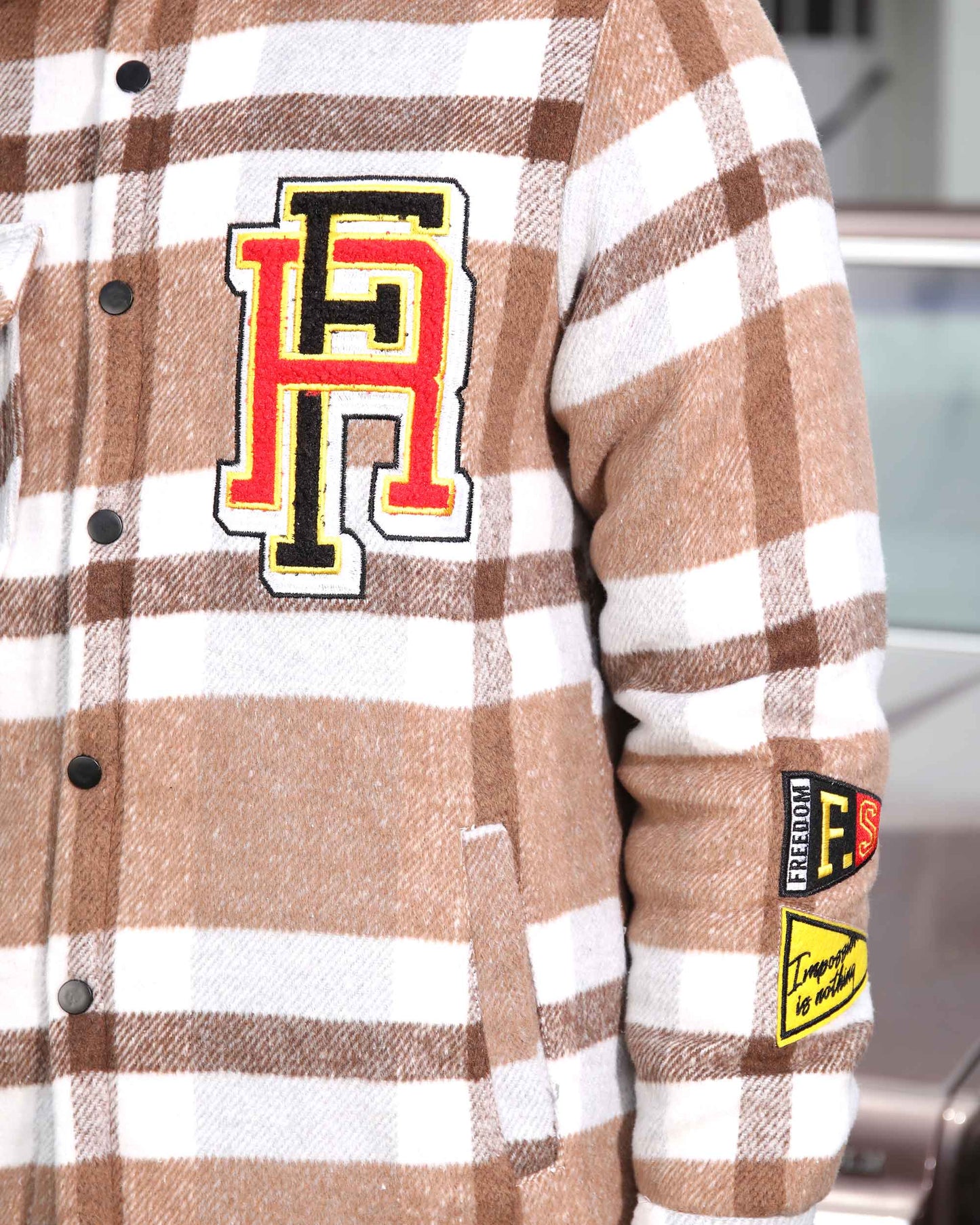 Logeqi modern plaid moto jacket in brown and white plaid with patches and snap button closure