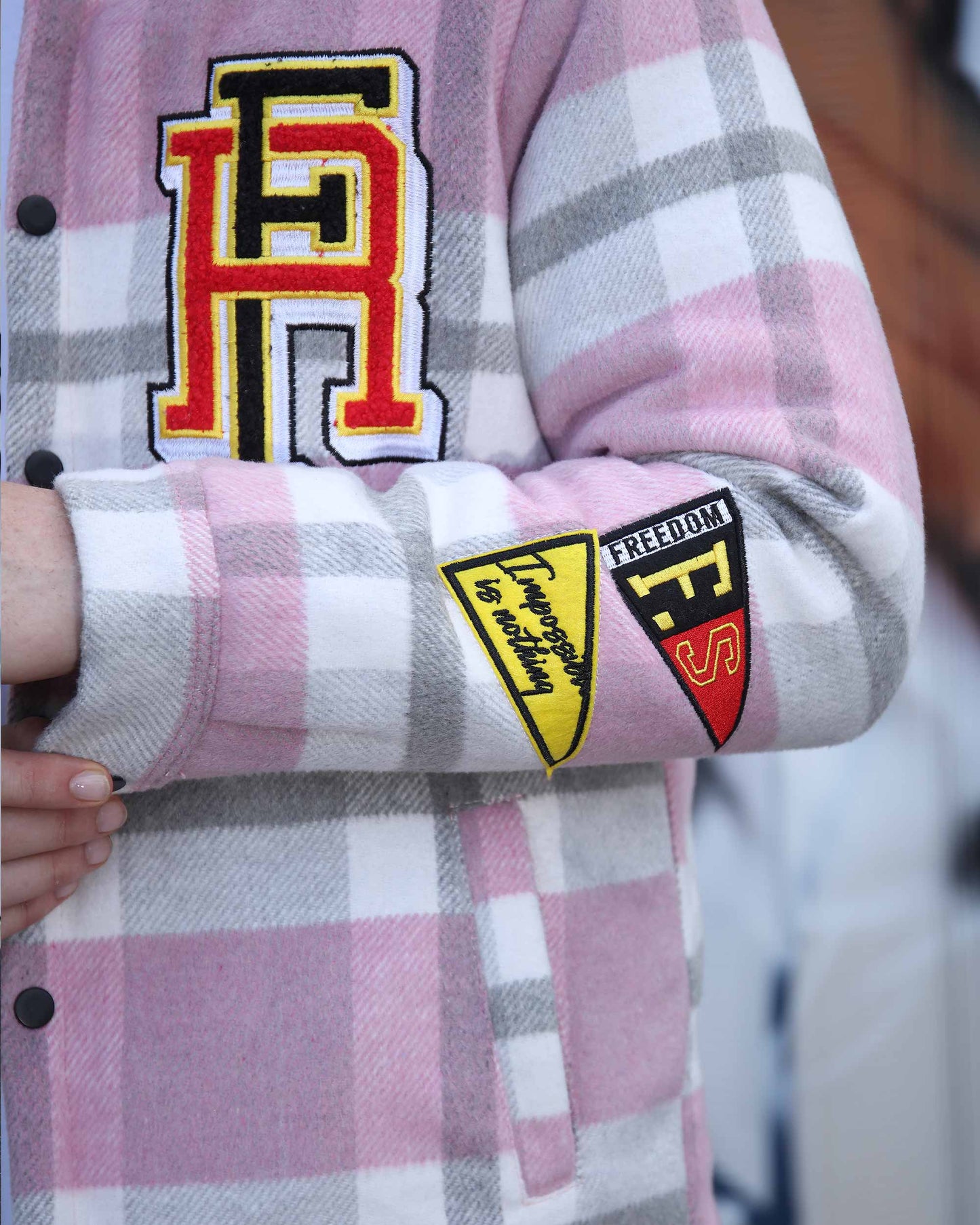 Logeqi modern plaid moto jacket in pink white and gray with embroidered patches on sleeve and chest