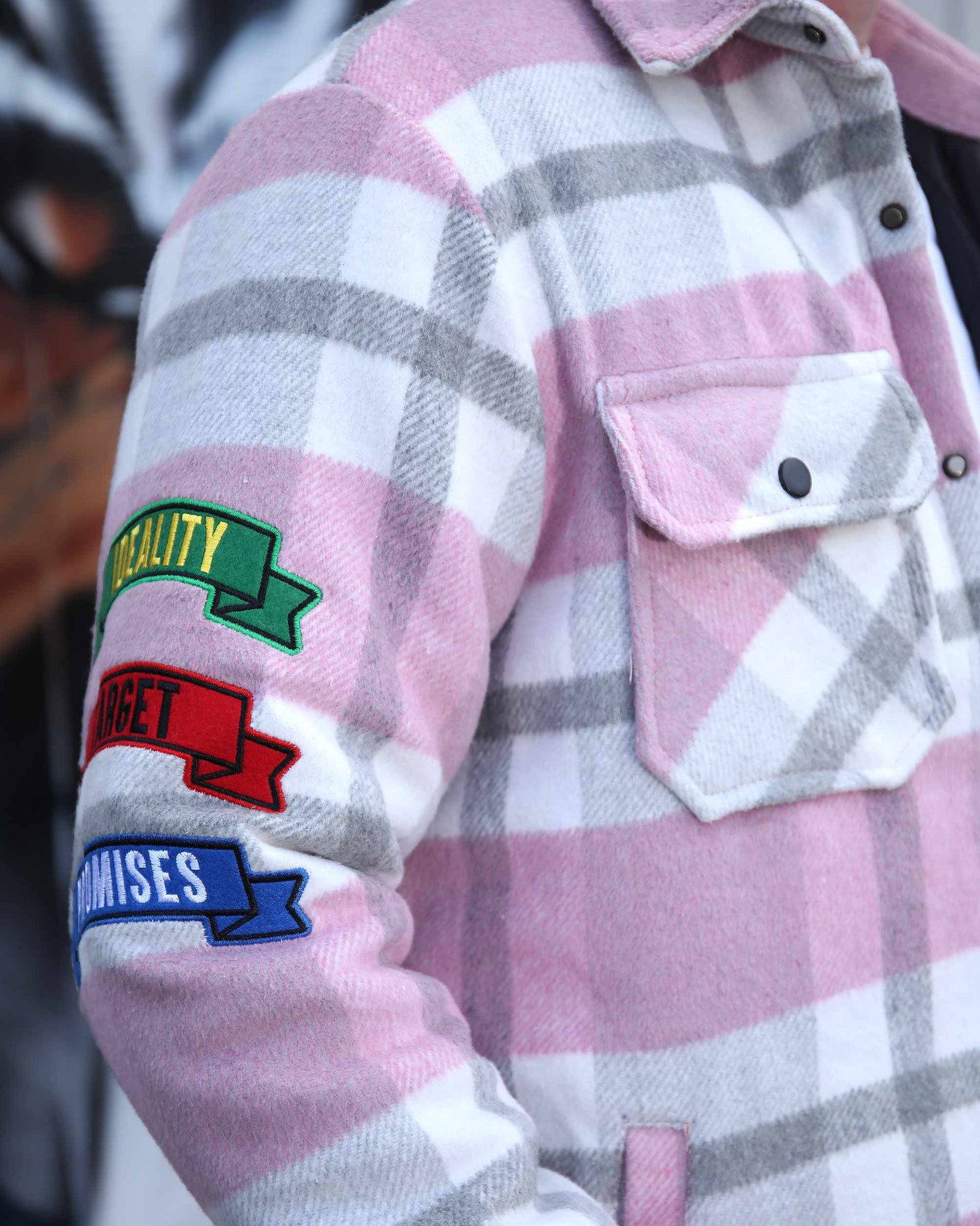 Logeqi modern plaid moto jacket in pink white and gray with patch details on sleeve