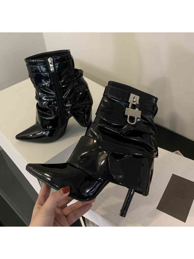 Wholesale7 black shiny modern pointed toe boots with high heels and side zipper