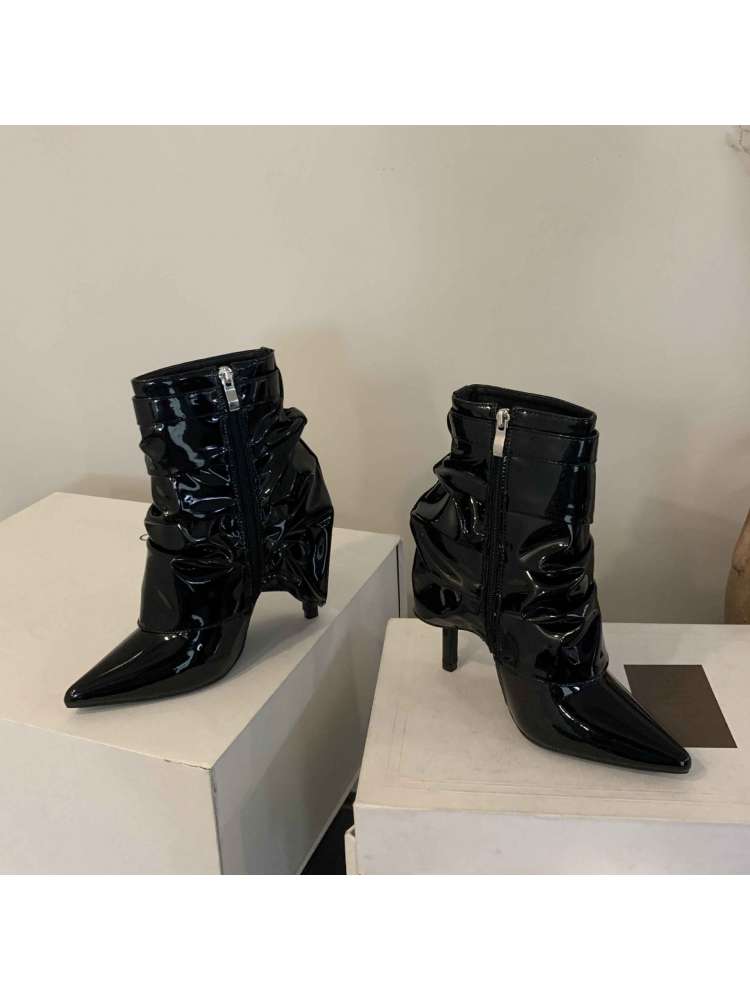 Wholesale7 black patent leather modern pointed toe boots with zipper and stiletto heels