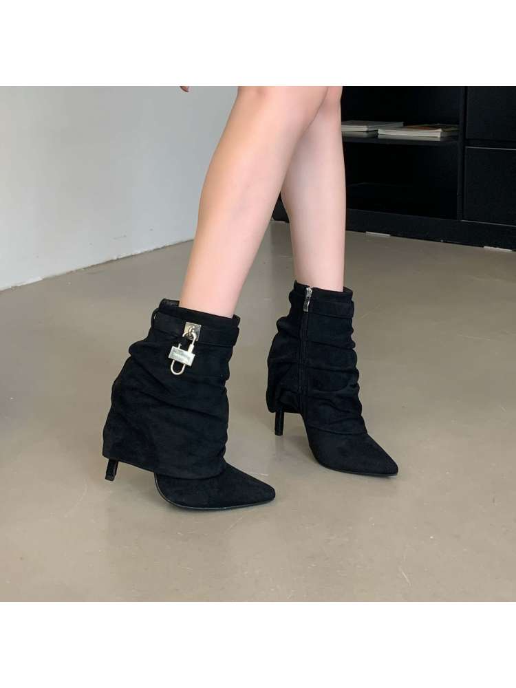 Wholesale7 modern pointed toe boots in black suede with side zipper and decorative buckle