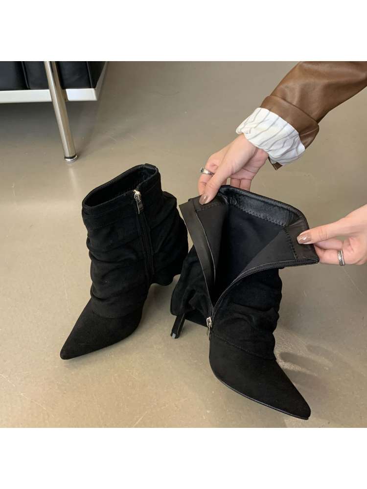 Wholesale7 black modern pointed toe boots with side zipper and suede finish