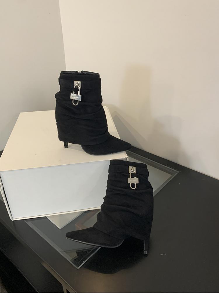 Wholesale7 black suede modern pointed toe boots with silver buckle detail and kitten heels