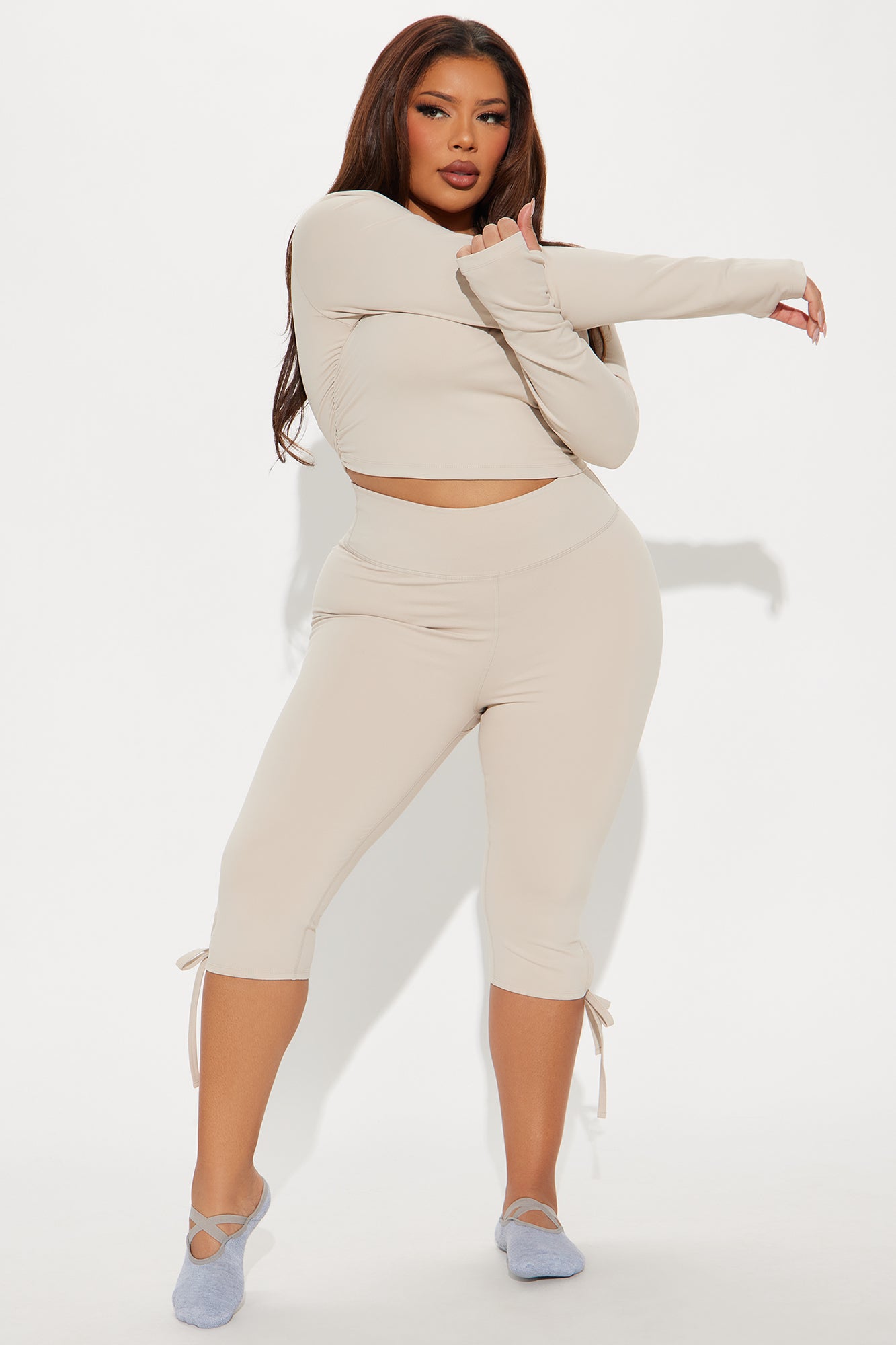 Nova Sport super soft active capri set with cropped long sleeve top in beige color