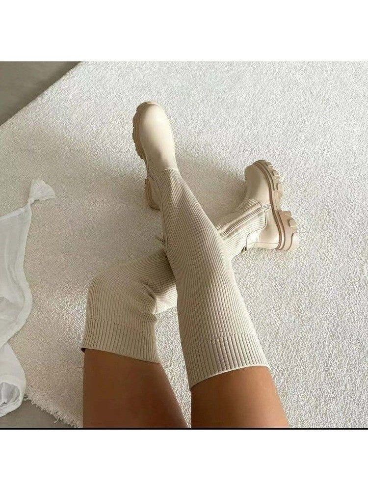 Wholesale7 beige patchwork over the knee boots with chunky sole and ribbed knit design