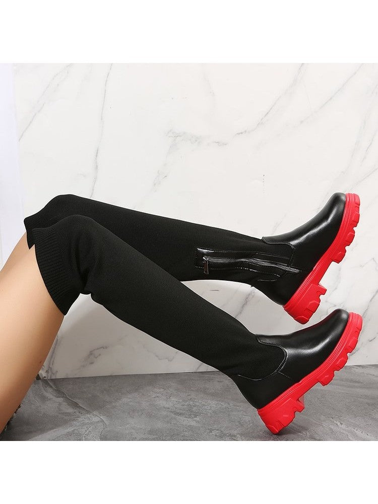 Wholesale7 patchwork over the knee boots with black upper and bold red chunky sole