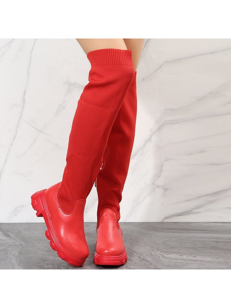 Wholesale7 red patchwork over the knee boots with chunky soles and knitted upper section