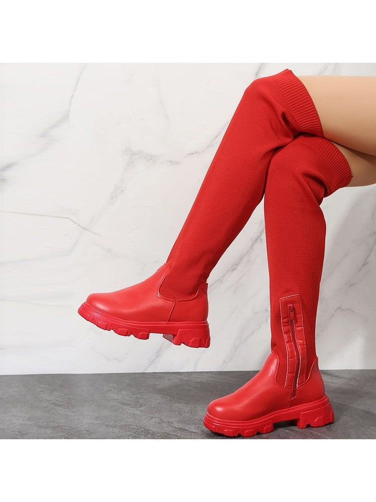 Wholesale7 red patchwork over the knee boots with chunky sole and side zipper detail
