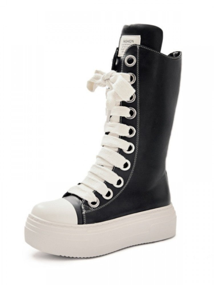 Wholesale7 black and white platform high top boots with thick sole and white laces