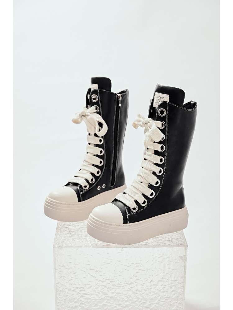 Wholesale7 platform high top boots in black with white thick soles and laces